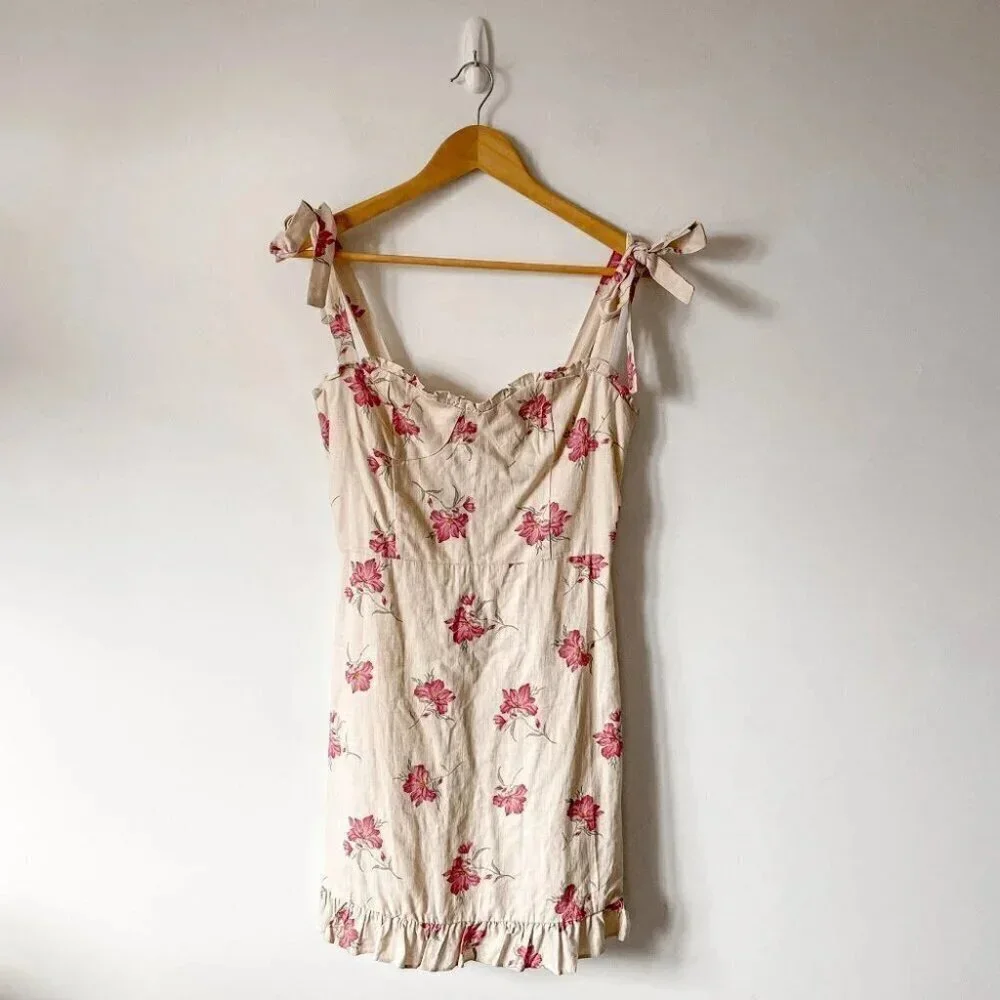 Storia Spring Fling Floral Ruffle Mini Dress Linen Rayon Size Medium - Picture 4 of 9